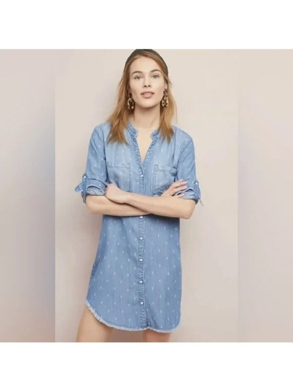 ANTHROPOLOGIE Thread & Supply Long-Sleeve Frayed-Hem Chambray Shirt Dress Large